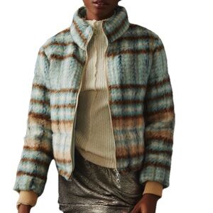 Anthropologie Brushed Plaid Puffer Jacket Blue Wool Blend Size Small